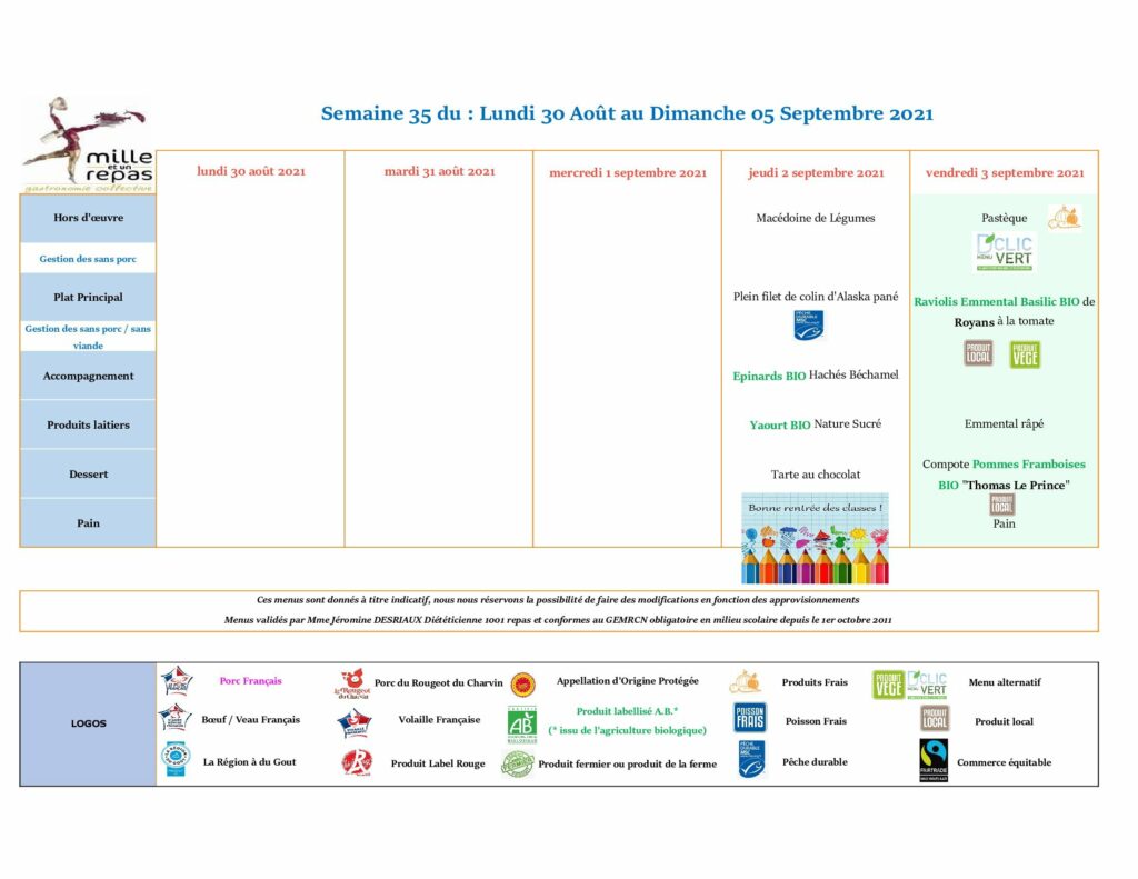 Menus - Semaine 35 - 30 août au 5 septembre