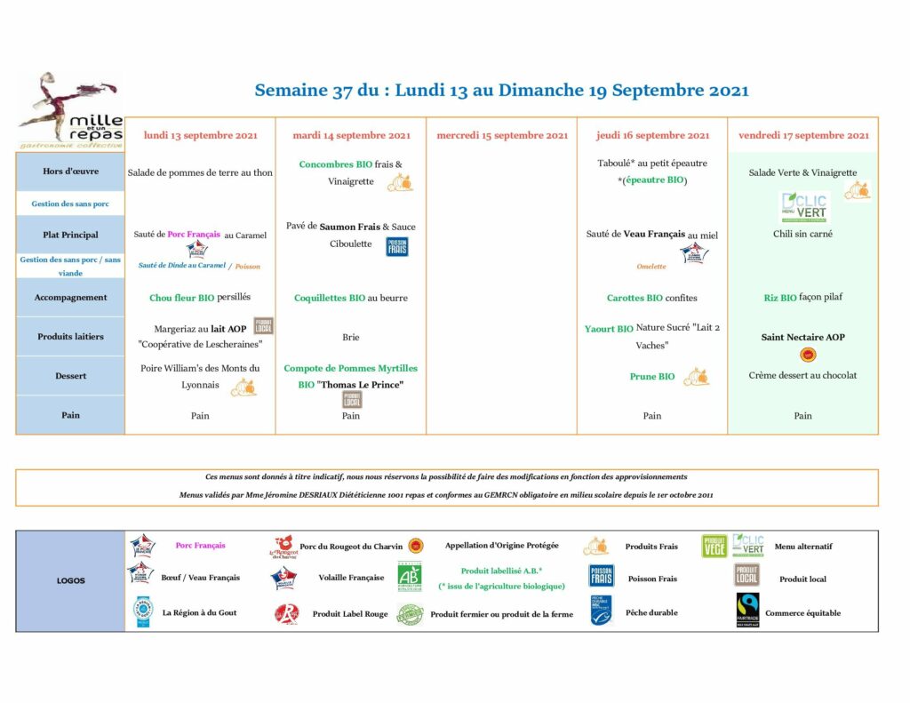 Menus - Semaine 37 - 13 au 19 septembre 2021