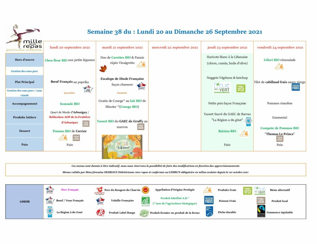 Menus - Semaine 38 - 20 au 26 septembre 2021