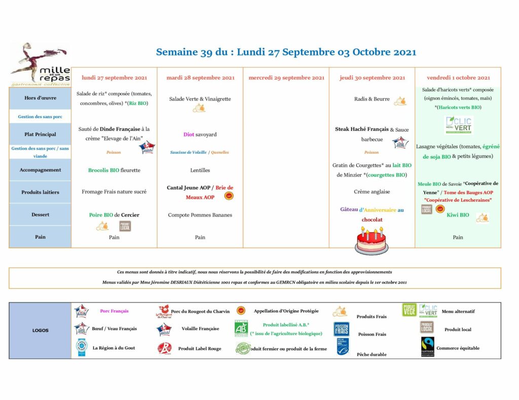 Menus - Semaine 39 - 27 septembre au 3 octobre 2021