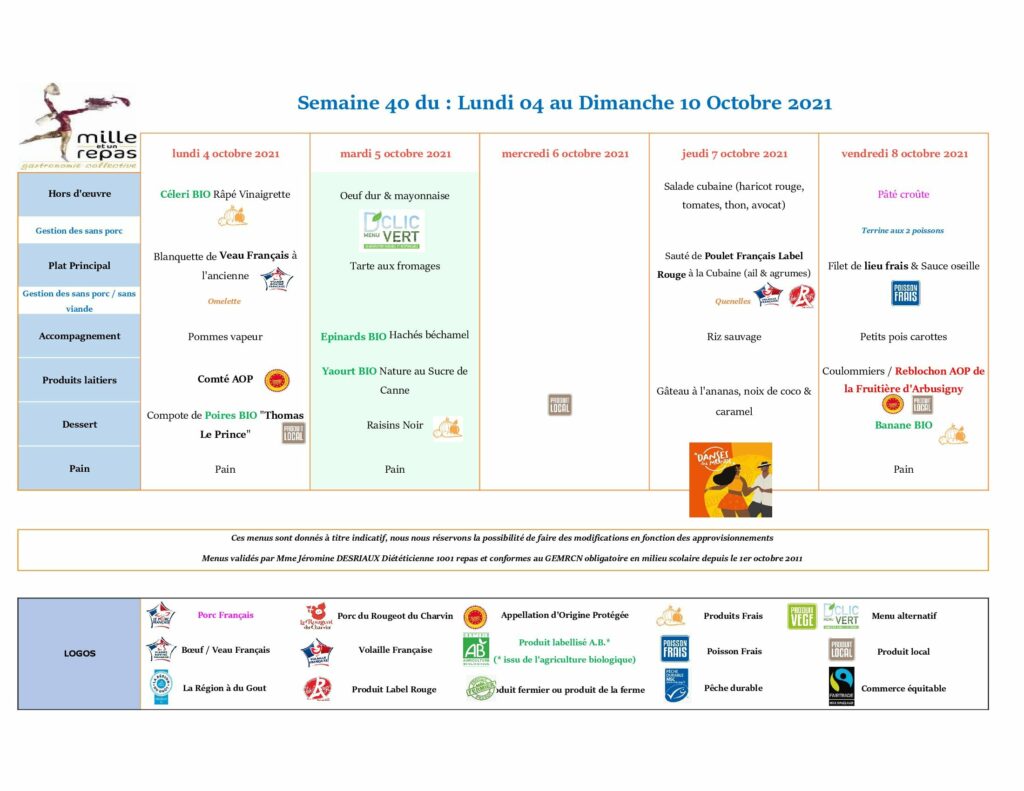 Menus - Semaine 40 - 4 au 10 octobre 2021