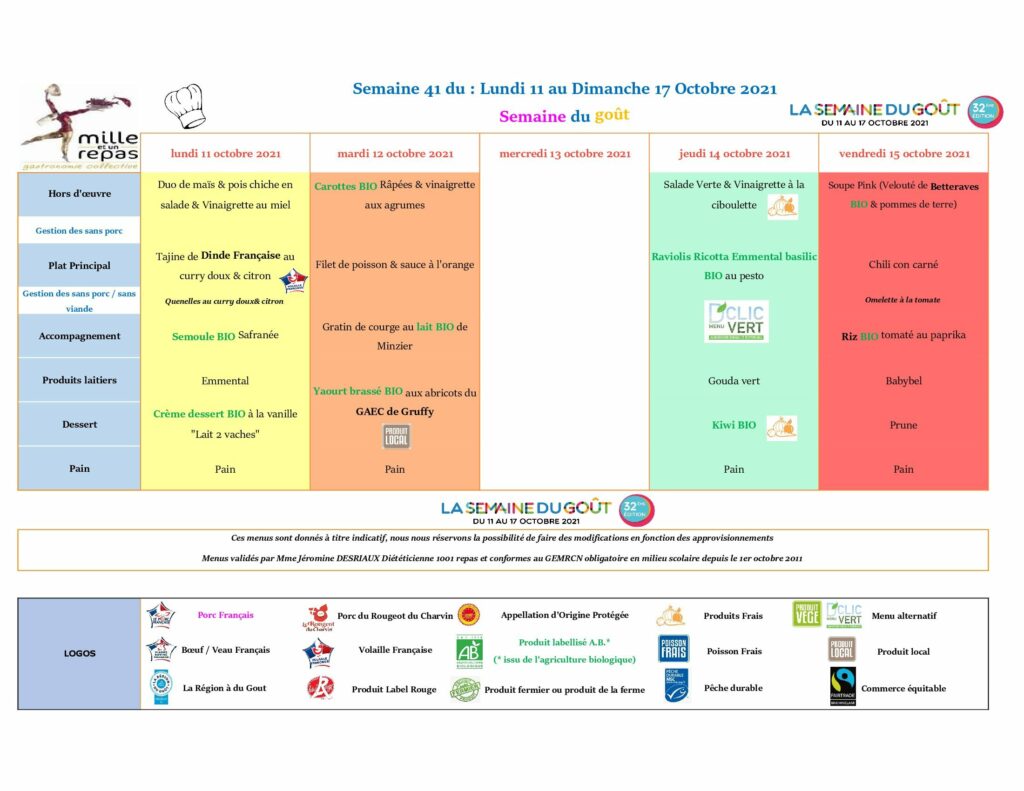 Menus - Semaine 41 - 11 au 17 octobre 2021