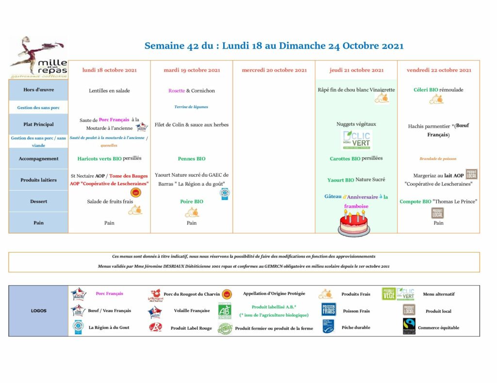 Menus - Semaine 42 - 18 au 24 octobre 2021