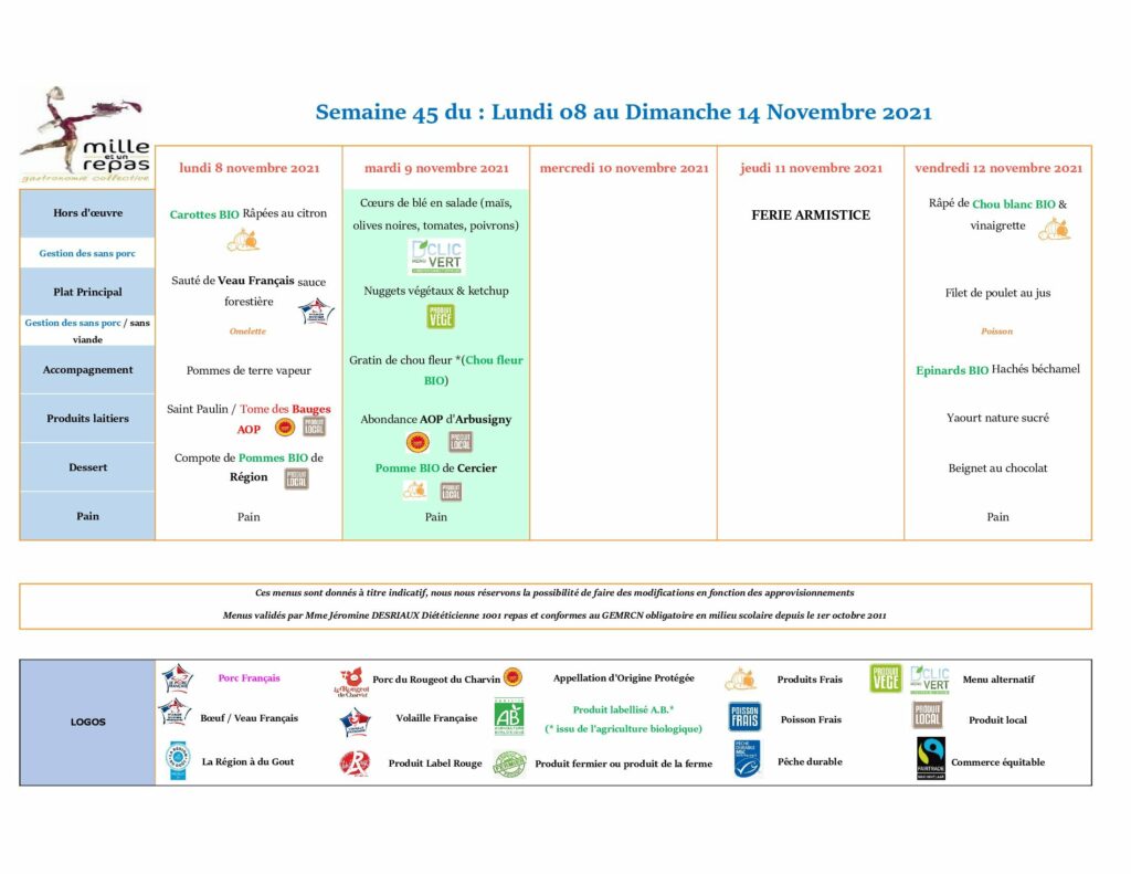 Menus - Semaine 45 - Du 8 au 14 novembre