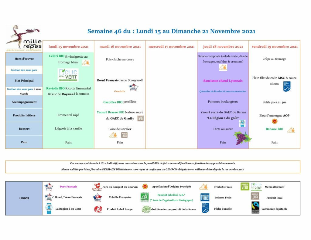 Menus - Semaine 46 - Du 15 au 21 novembre