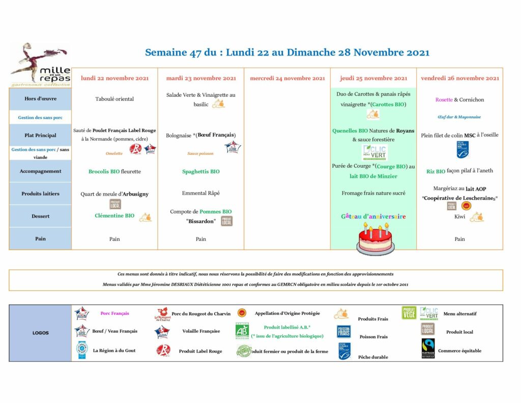 Menus - Semaine 47 - Du 22 au 28 novembre