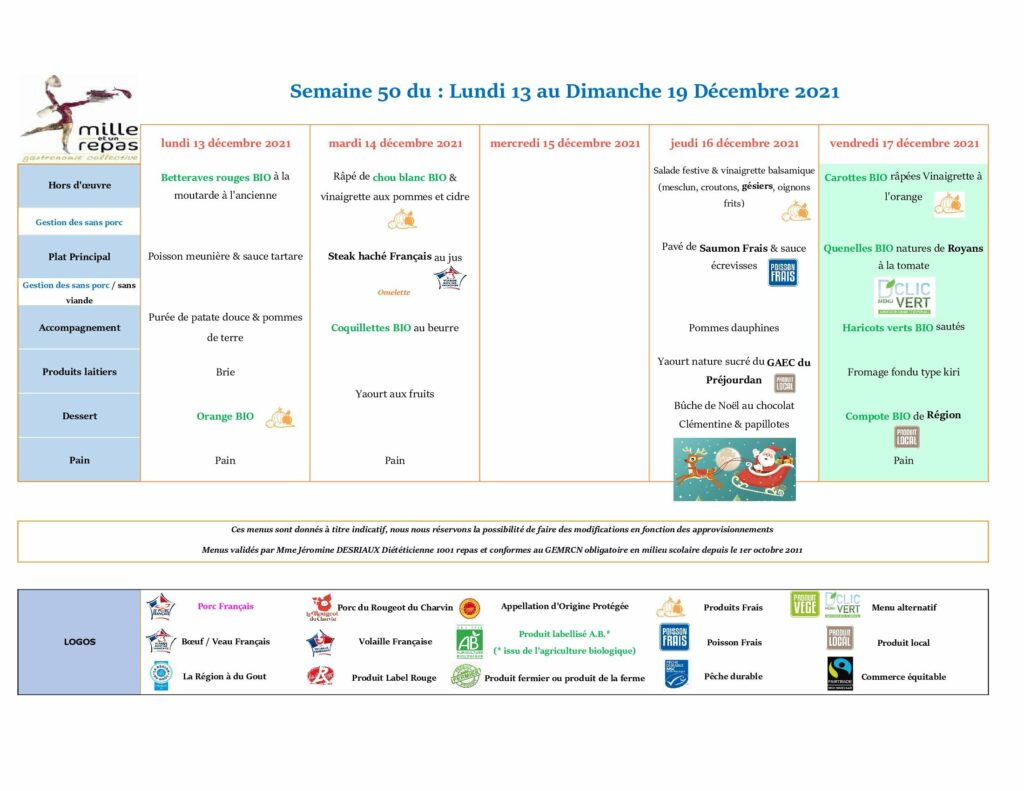 Menus - Semaine 50 - 13 au 19 décembre 2021