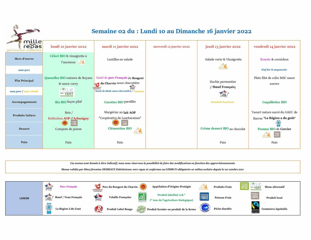 Menus - Semaine 02 - 10 au 16 janvier 2022