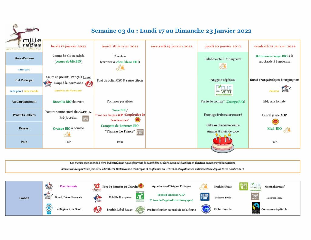 Menus - Semaine 03 - 17 au 23 janvier 2022