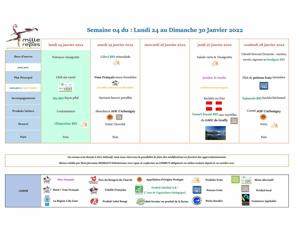 Menus - Semaine 04 - 24 au 30 janvier 2022