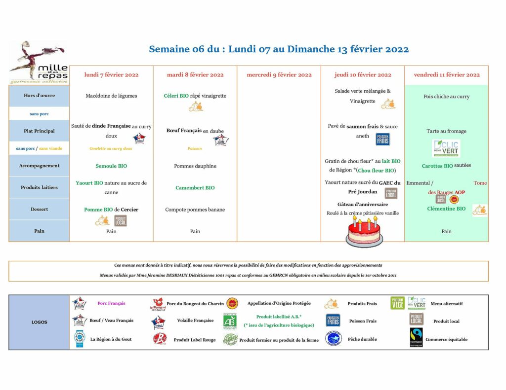 Menus - Semaine 06 - 07 au 13 février 2022