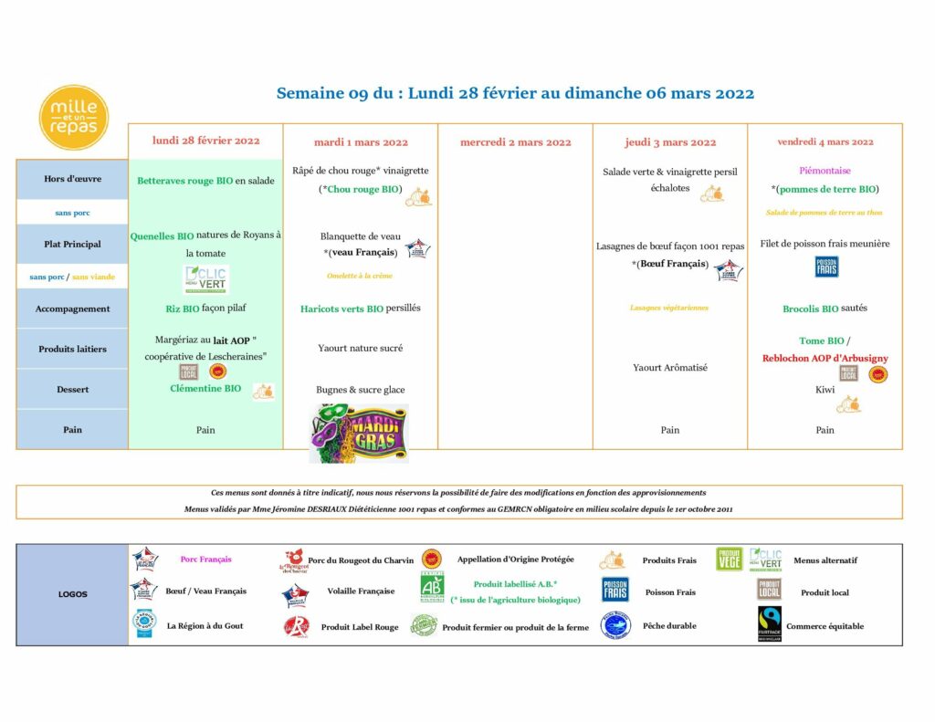 Menus - Semaine 9 - 28 février au 6 mars 2022