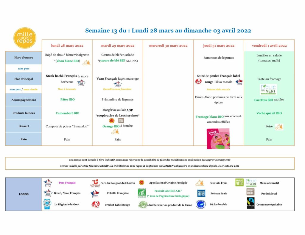 Menus - Semaine 13 - 28 mars au 3 avril 2022