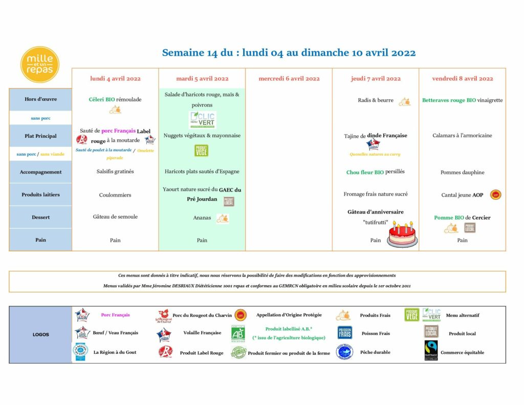 Menus - Semaine 14 - 4 au 10 avril 2022