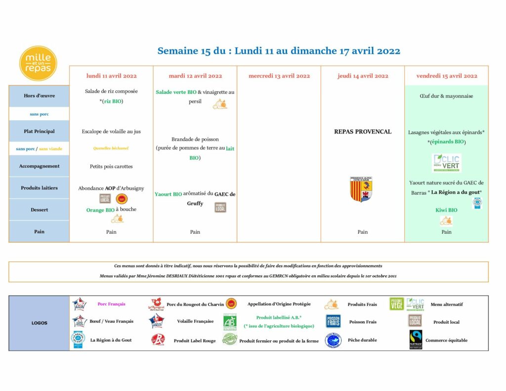 Menus - Semaine 15 - 11 au 17 avril 2022