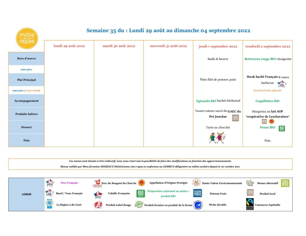 Menus - Semaine 35 - 1 au 4 septembre