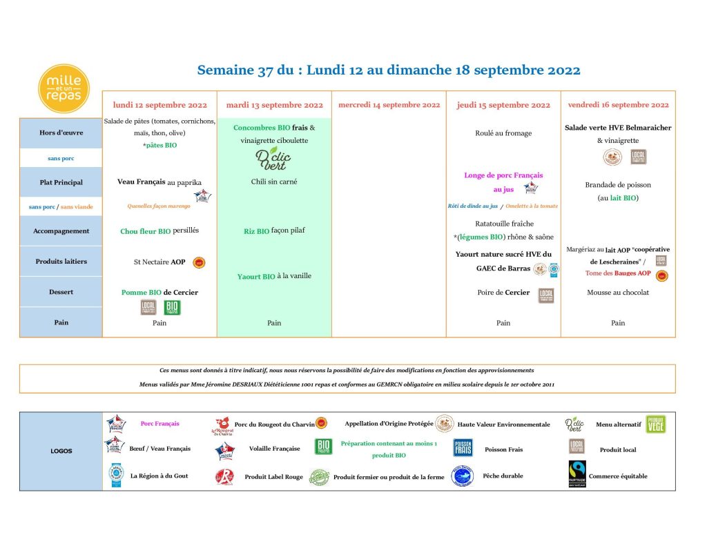 Menus - Semaine 37 - 12 au 18 septembre