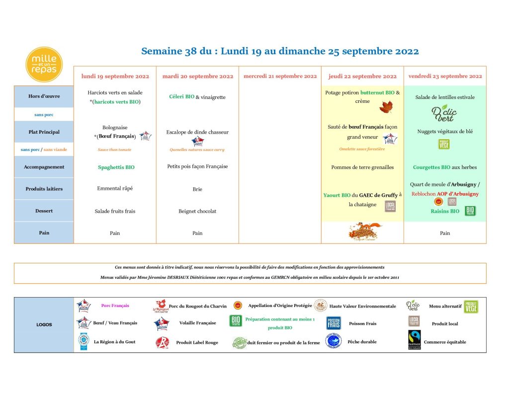 Menus - Semaine 38 - 19 au 25 septembre