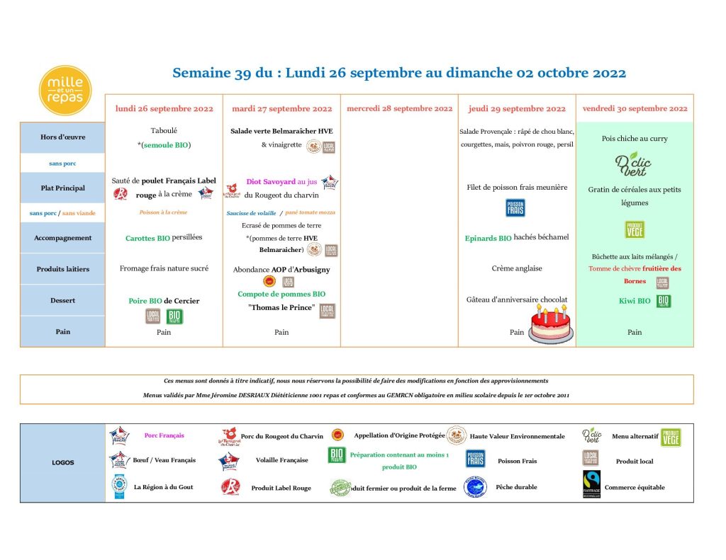 Menus - Semaine 39 - 26 septembre au 2 octobre