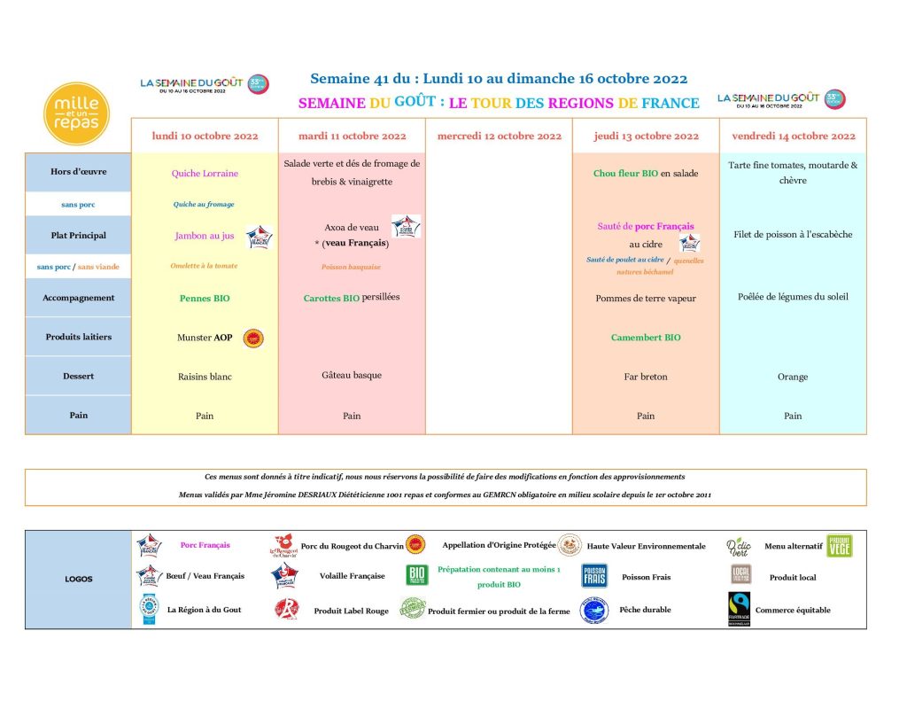 Menus - Semaine 41 - 10 au 16 octobre