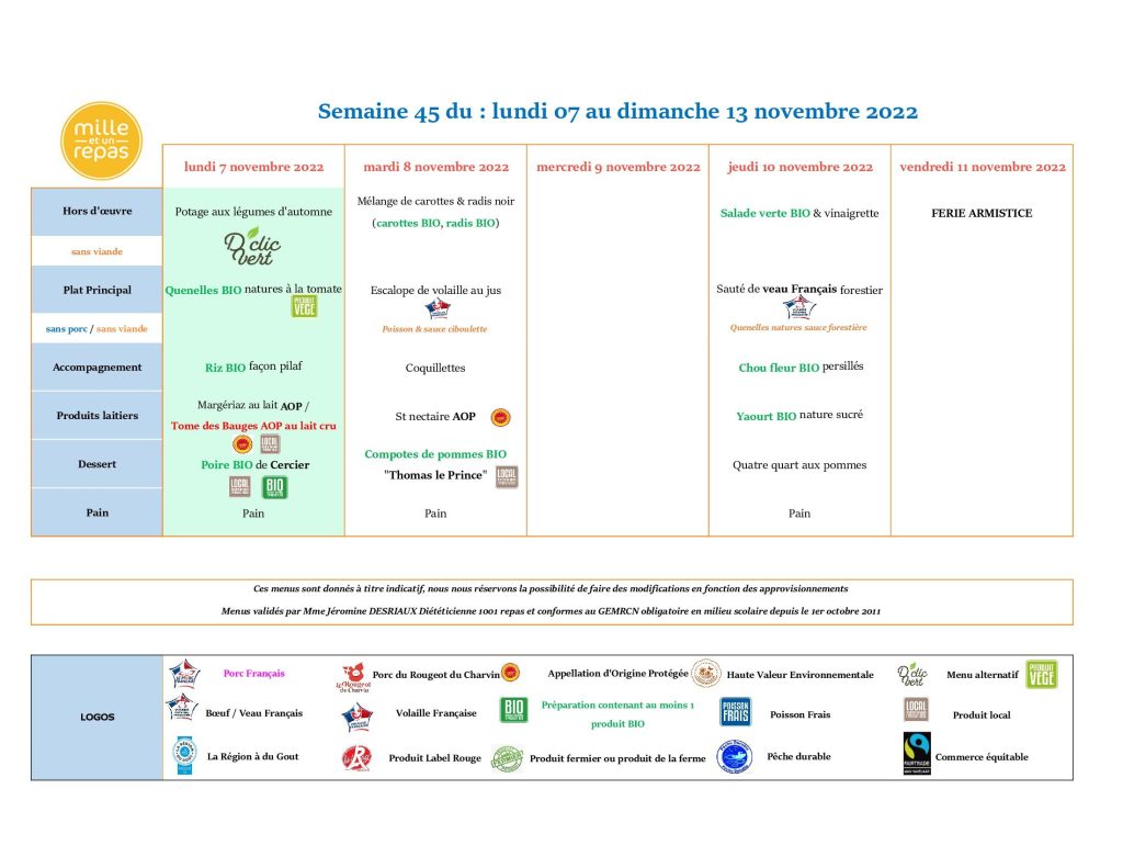 Menus - Semaine 43 - 7 au 13 novembre