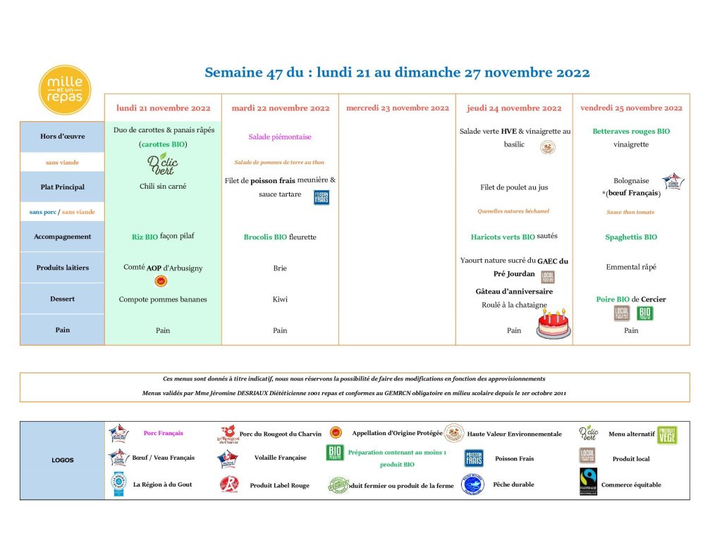 Menus - Semaine 47 - 21 au 27 novembre 2022