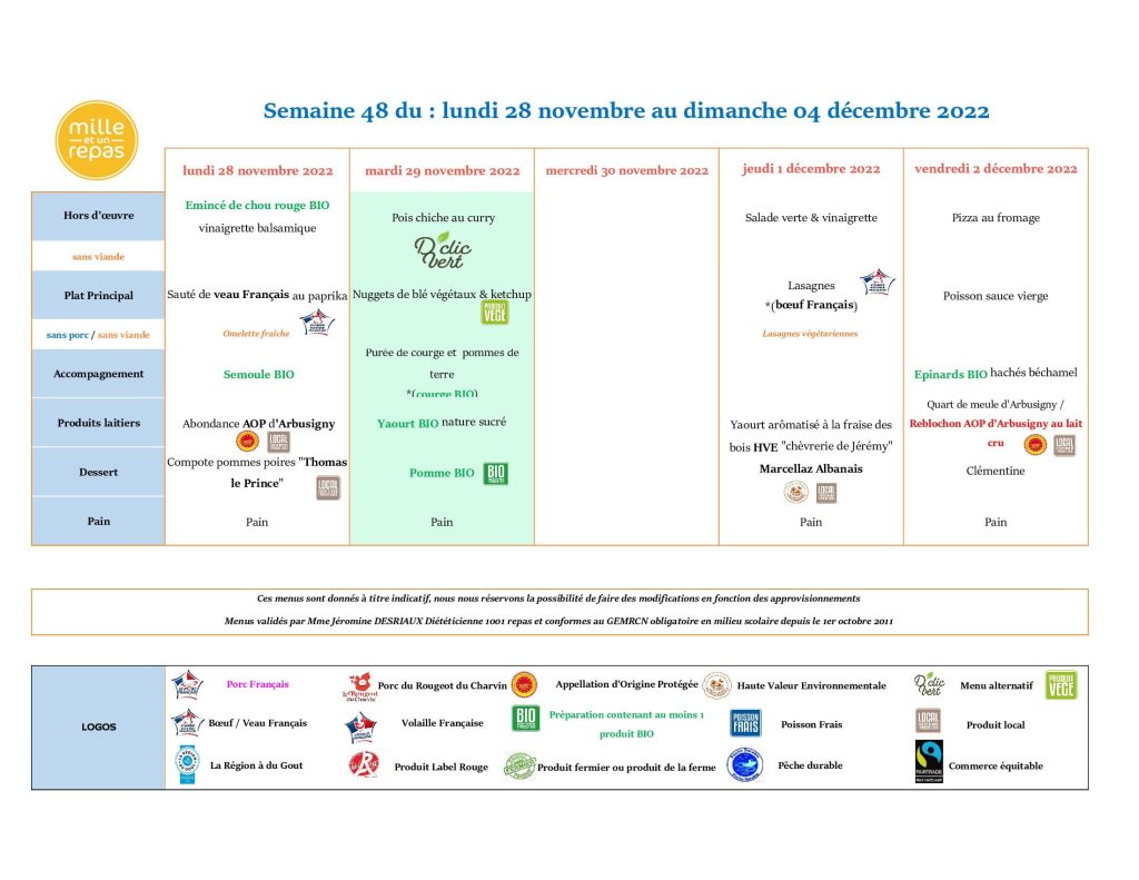 Menus - Semaine 48 - 28 au 2 décembre 2022